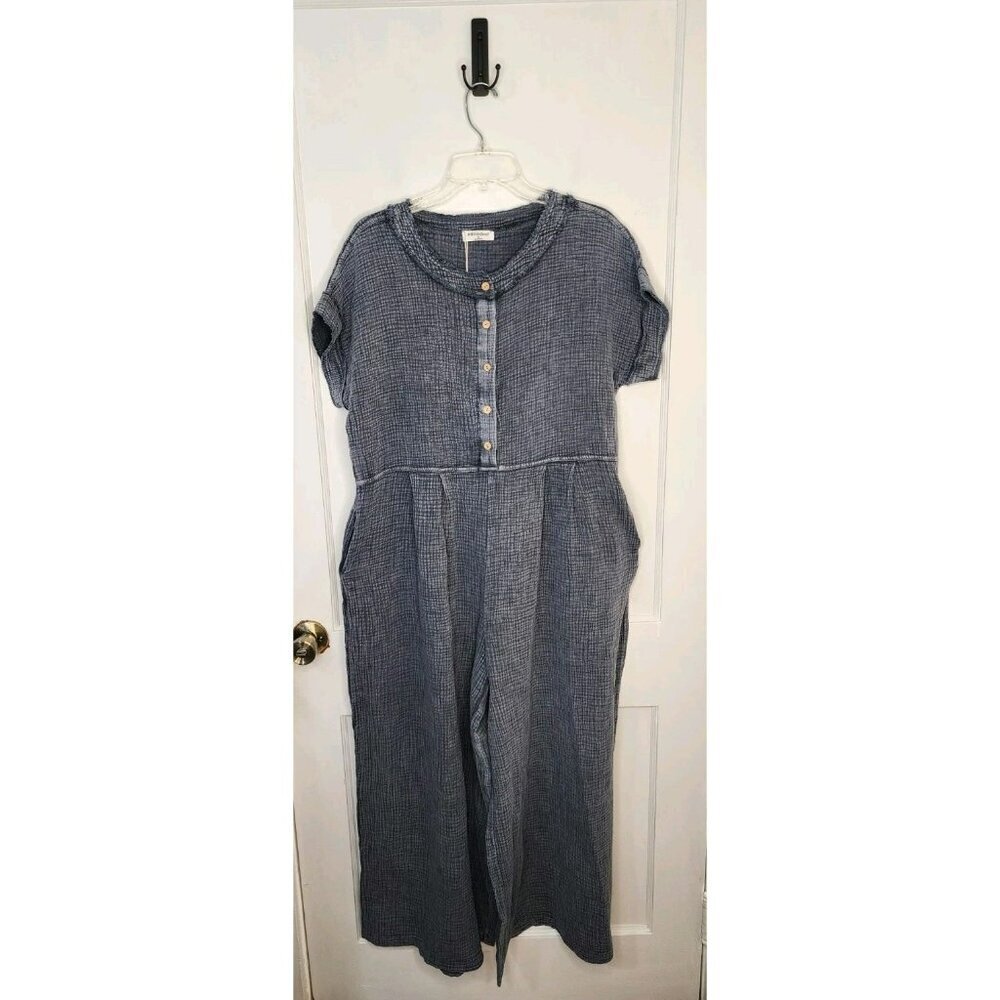 NWT Mittoshop Dark Blue Gauze Jumpsuit Short Sleeve Wide Leg Medium